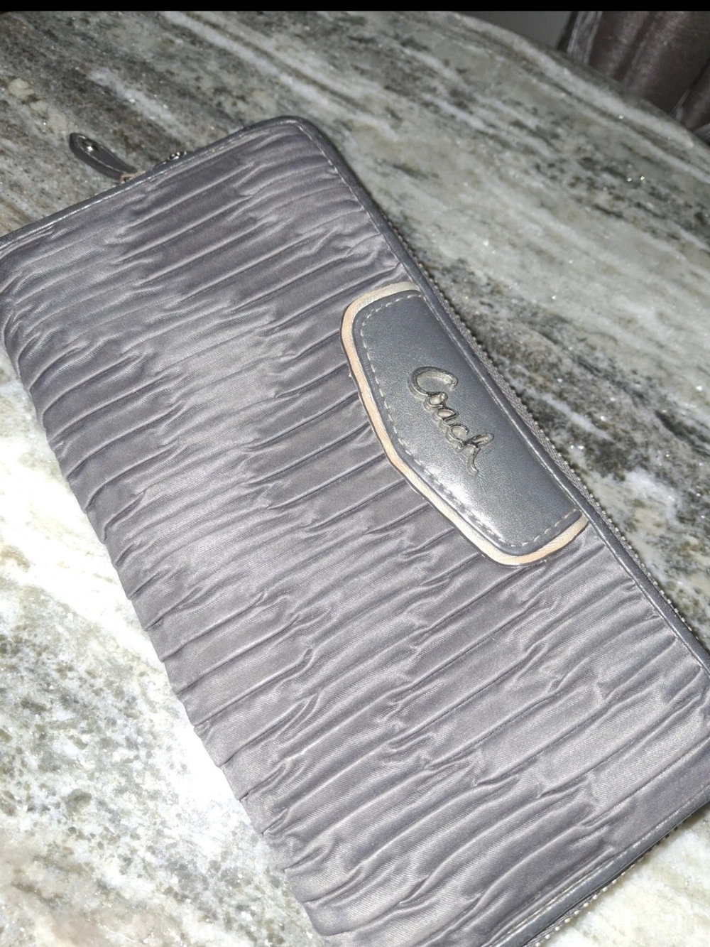 Coach Quilted Gray Zip-Around Wallet with Taupe Trim